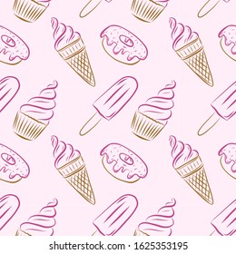 Seamless pattern of cupcakes, ice cream in a horn, popsicle and donut. Color pattern of hand-drawn elements. Confectionery, Sweet dessert, pastries. For the design of packaging, wrapping paper, menu.