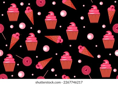Seamless pattern with cupcakes and ice cream on black background with drops. Endless background with birthday cupcake with pink icing. Wallpaper and bed linen print.