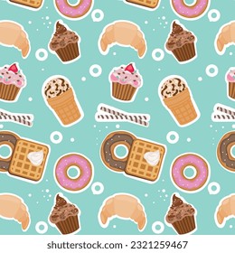Seamless pattern with cupcakes, ice cream, croissants and donuts. Vector illustration.