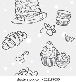 Seamless pattern with cupcakes image, croissant and flan