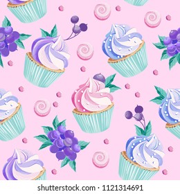 Seamless pattern with cupcakes, lollipops and berries on the pink background. Vector illustration.