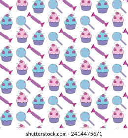 Seamless pattern of cupcakes, lollipops and candies