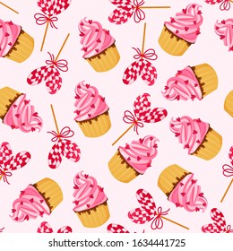 Seamless pattern with cupcakes and lollypops. Vector background design for fabric or wrapping paper.