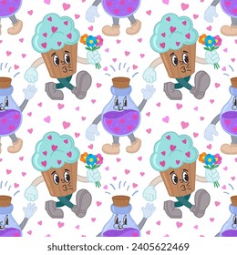 Seamless pattern with cupcakes, love potion and hearts.Cartoon characters in retro style of the 30s, 40s, 50s, 60s. Vector cupcake in love with a bouquet of flowers and a love potion, emotions.