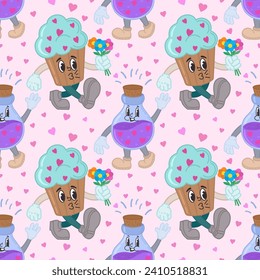 Patrón sin inconvenientes con quequitos, poción de amor y corazones.Personajes de dibujos animados de estilo retro de los años 30, 40, 50, 60. Vectora quequito enamorado de un ramo de flores y una poción de amor, emociones.