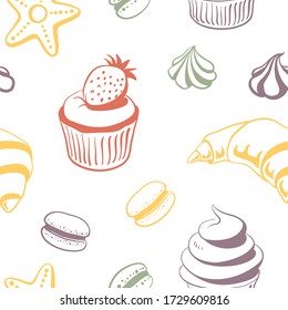 Impresionante decoración con quequitos, macarons y cruasanes. Colorido conjunto de postres en un estilo esquemático aislado de fondo blanco. Postres y repostería dibujados a mano con doodle. Ilustración del vector