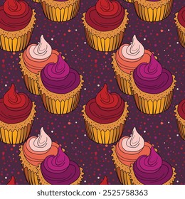 Patrón sin fisuras con cupcakes. Pastel de magdalenas, dulce cupcake con crema, deliciosos pasteles. Ilustración vectorial moderna para tela, textil. Impresión de postre para una barra de caramelo.
