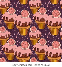 Seamless pattern with cupcakes. Muffin cake, sweet cupcake with cream, delicious pastries. Modern vector illustration for fabric, textile. Dessert print for a candy bar.