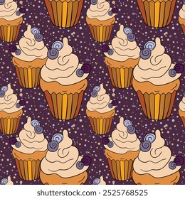 Seamless pattern with cupcakes. Muffin cake, sweet cupcake with cream, delicious pastries. Modern vector illustration for fabric, textile. Dessert print for a candy bar.