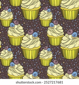 Seamless pattern with cupcakes. Muffin cake, sweet cupcake with cream, delicious pastries. Modern vector illustration for fabric, textile. Dessert print for a candy bar.