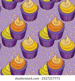 Seamless pattern with cupcakes. Muffin cake, sweet cupcake with cream, delicious pastries. Modern vector illustration for fabric, textile. Dessert print for a candy bar.