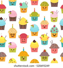Seamless pattern with cupcakes and muffins. Birthday background. Kawaii cupcakes. Cute cartoon characters, emoji. Vector illustration