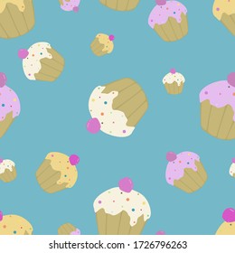 Seamless pattern cupcakes muffins on a green background