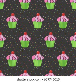 Seamless pattern with cupcakes on the black background. Vector illustration.