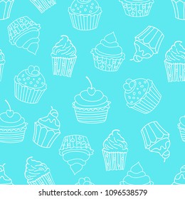 Seamless pattern with cupcakes on blue background. Sweet pattern. Vector illustration.