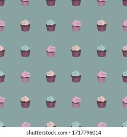 Patrón sin inconvenientes con quequitos sobre fondo azul. Pasteles cortos y coloridos diseños de papel pintado. Icono vectorial para web, impresión o tela. 