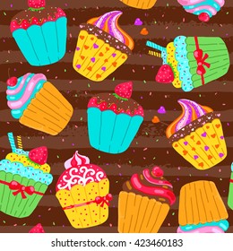 Seamless pattern with cupcakes on a chocolate background. Hand drawn vector illustration.