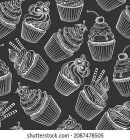 Seamless pattern with cupcakes on dark grey background. Vector illustration.