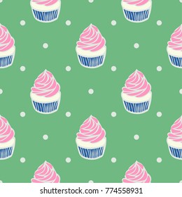 Seamless pattern of cupcakes on a green background.