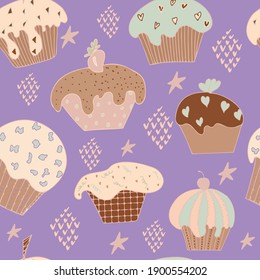 seamless pattern cupcakes on a lilac background
