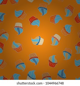Seamless pattern of cupcakes on a orange, blue and neutral background. Wrapping paper. Vector illustration.