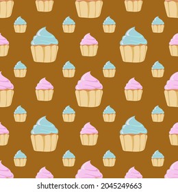 Seamless pattern of cupcakes on a pastel background.