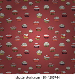 Seamless pattern of cupcakes on a pink, white and black background. Wrapping paper. Vector illustration.