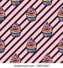 Seamless pattern of cupcakes on a pink striped background. Pattern for gift wrapping, poster, wallpaper.