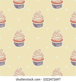 Seamless pattern of cupcakes on polka-dot background.