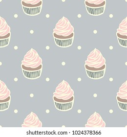 Seamless pattern of cupcakes on polka-dot background.