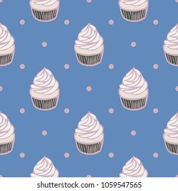 Seamless pattern of cupcakes on polka-dot background.