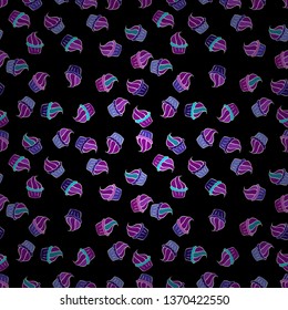 Seamless pattern of cupcakes on a purple, violet and black background. Wrapping paper. Vector illustration.