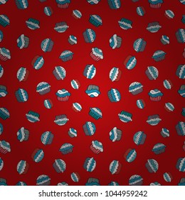 Seamless pattern of cupcakes on a red, blue and white background. Wrapping paper. Vector illustration.