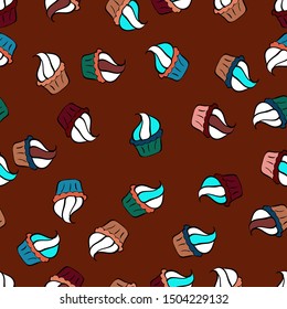 Seamless pattern of cupcakes on a red, white and black background. Vector illustration. Wrapping paper.