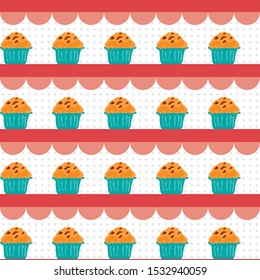 seamless pattern, cupcakes on the shelves, with polka dots background