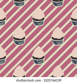 Seamless pattern of cupcakes on striped background.