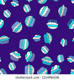 Seamless pattern of cupcakes on a violet, blue and white background. Wrapping paper. Vector illustration.