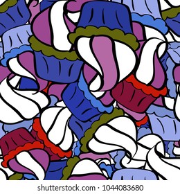 Seamless pattern of cupcakes on a white, black and blue background. Wrapping paper. Vector illustration.