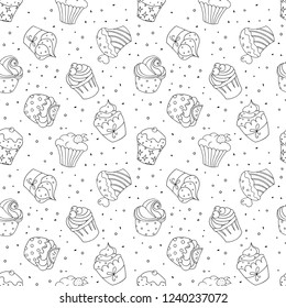 Seamless pattern with cupcakes on white background. Vector illustration.