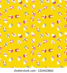 Seamless pattern of cupcakes on a white, neutral and yellow background. Wrapping paper. Vector illustration.