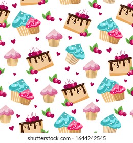 Seamless pattern with Cupcakes and piece of cake cherry