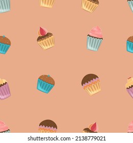 Seamless pattern with cupcakes. Pink background with cupcakes. Vector illustration.