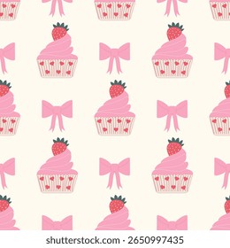 Padrão contínuo de cupcakes com arcos e morangos cor-de-rosa. A imagem vetorial tem um humor bonito e divertido. Perfeito para o Dia dos Namorados.