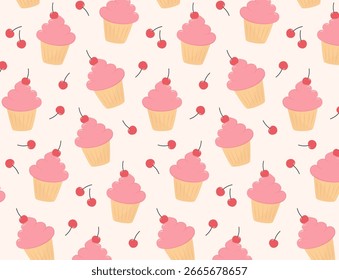 Seamless pattern with cupcakes in pink cream frosting and cherries in flat vector style, pastel color palette, smooth texture, ideal for wrapping paper, textile, wallpaper, and packaging design
