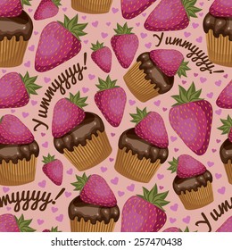 Seamless pattern with cupcakes and pink strawberries