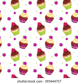 Seamless Pattern With Cupcakes And Rasberry. Vector Illustration