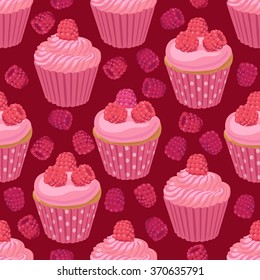 Seamless pattern with cupcakes and raspberries 