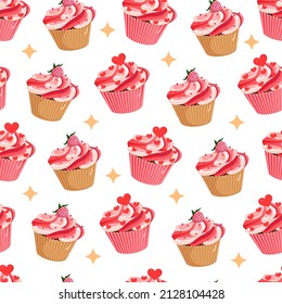 Seamless pattern with cupcakes with raspberries and hearts. Vector texture illustration for postcard, textile, decor, paper, texture, wrapping.