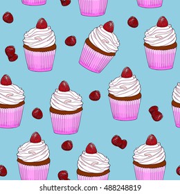 Seamless pattern cupcakes with raspberries on a blue background. Cupcakes, cake with raspberries. Cupcake background. Hand drawing. Vector illustration.