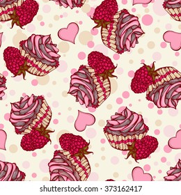 Seamless pattern with cupcakes with raspberries. Vector illustration